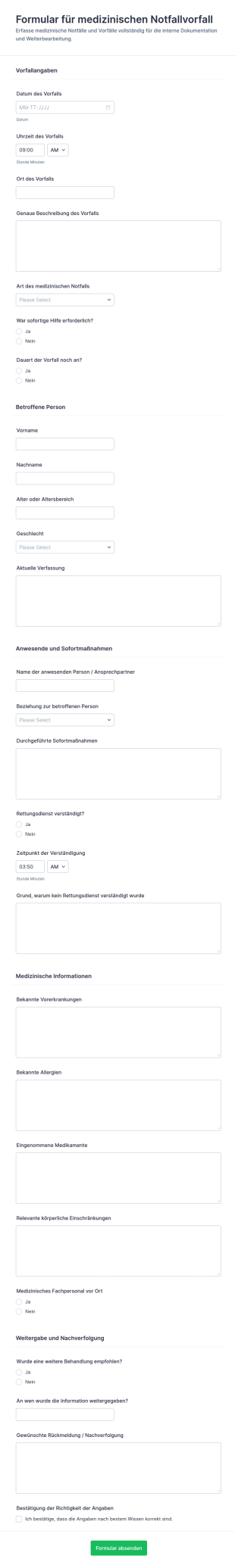 Notfallmeldung Für Medizinische Vorfälle Formular