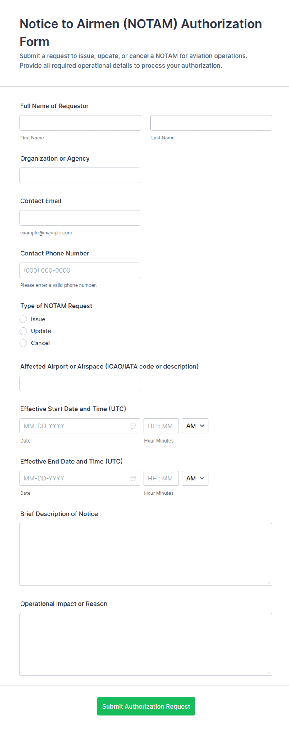 Notice to Airmen (NOTAM) Authorization Form Template Jotform