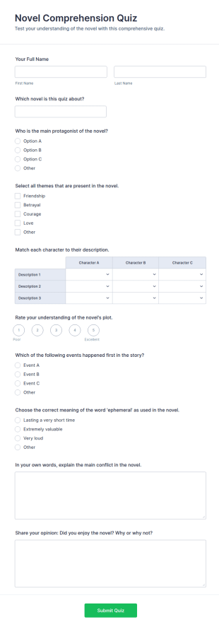Novel Comprehension Quiz Form Template