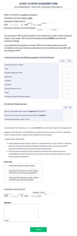 Novel Coronavirus (COVID 19) Entry Screening Form Template