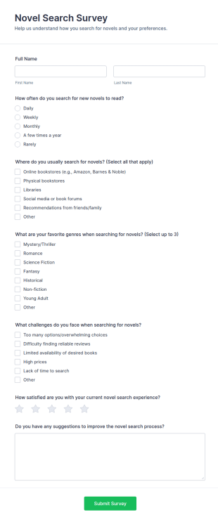Novel Search Survey Form Template