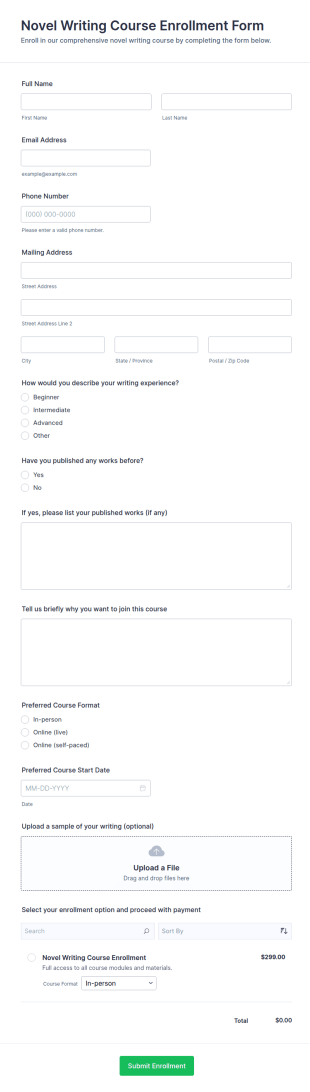 Novel Writing Course Enrollment Form Template