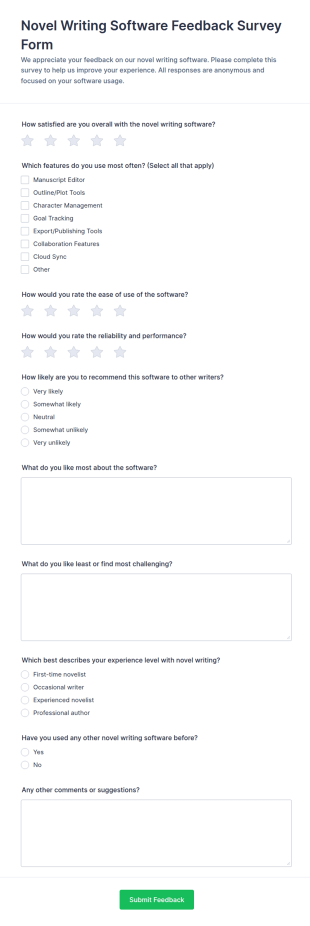 Novel Writing Software Feedback Survey Form Template