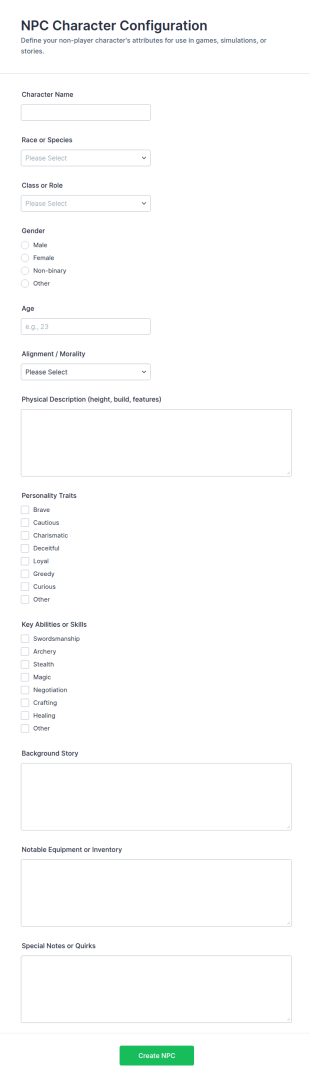 NPC Character Configuration Form Template