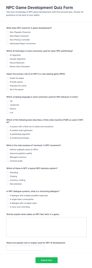 NPC Game Development Quiz Form Template