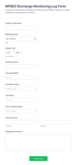 NPDES Discharge Monitoring Log Form Template