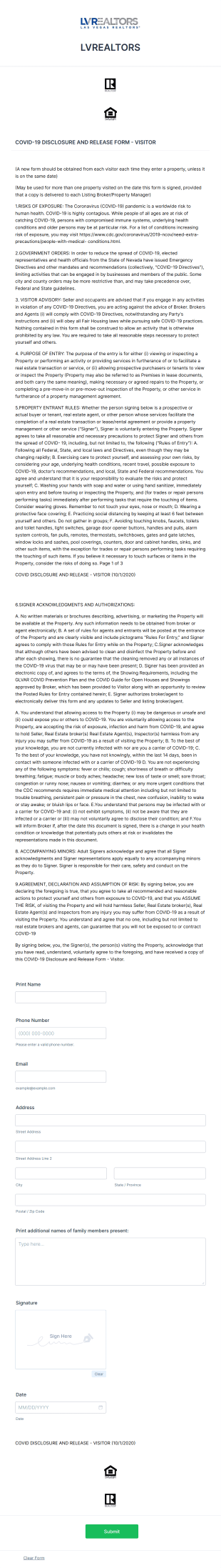 NRED Mandatory COVID Disclosure And Open House Registration Form Template