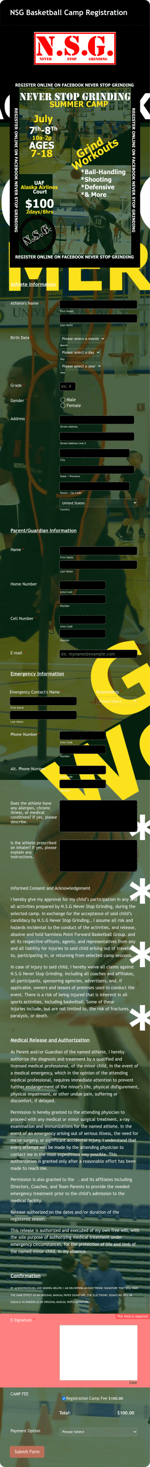 Basketball Camp Detailed Registration Form Template