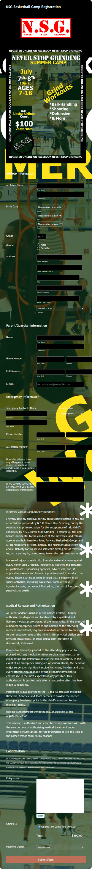 Basketball Camp Detailed Registration Form Template