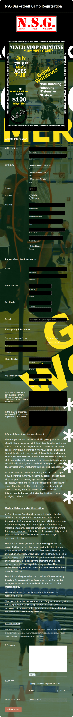 Basketball Camp Detailed Registration Form Template