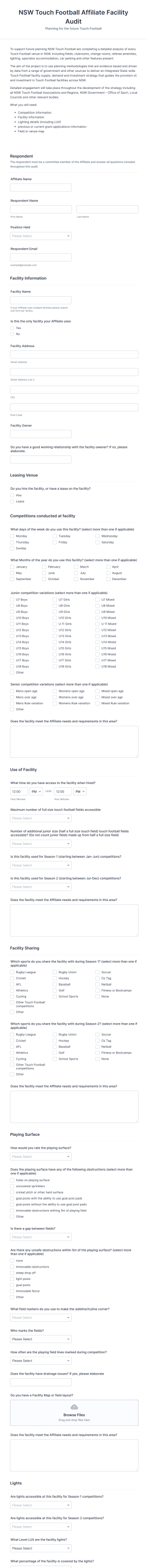 NSW Touch Football Affiliate Facility Audit Form Template