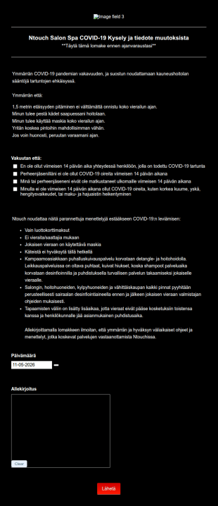 Ntouch Salon Spa COVID 19 Kysely Ja Tiedote Muutoksista