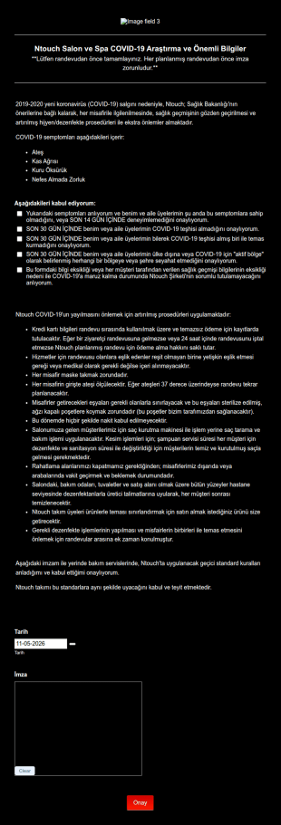 Ntouch Salon Ve Spa COVID 19 Araştırma Ve Önemli Bilgiler Form Şablonu
