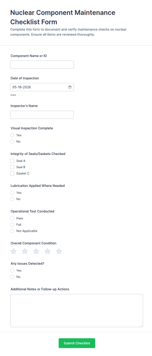 Nuclear Component Maintenance Checklist Form Template