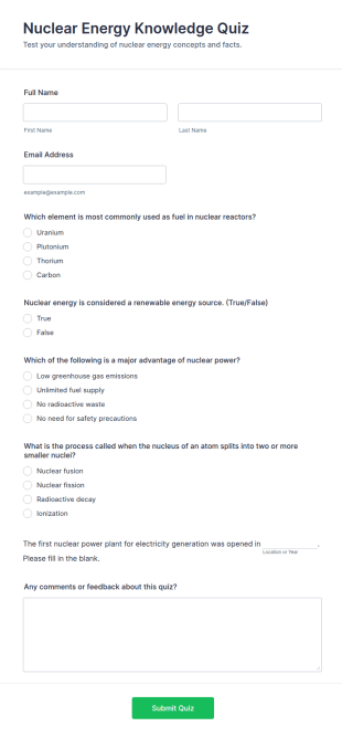 Nuclear Energy Knowledge Quiz Form Template