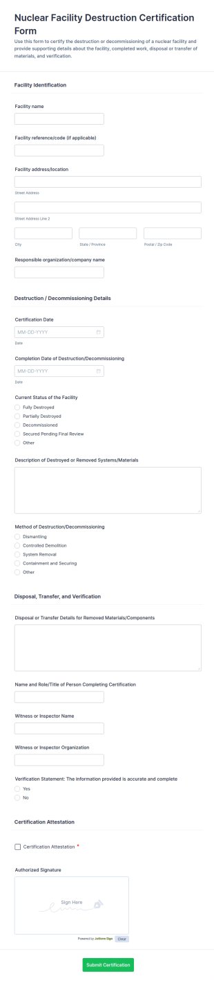 Nuclear Facility Destruction Certification Form Template