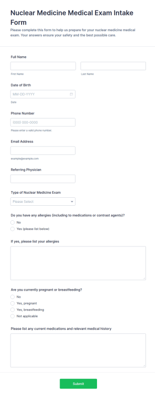 Nuclear Medicine Medical Exam Intake Form Template
