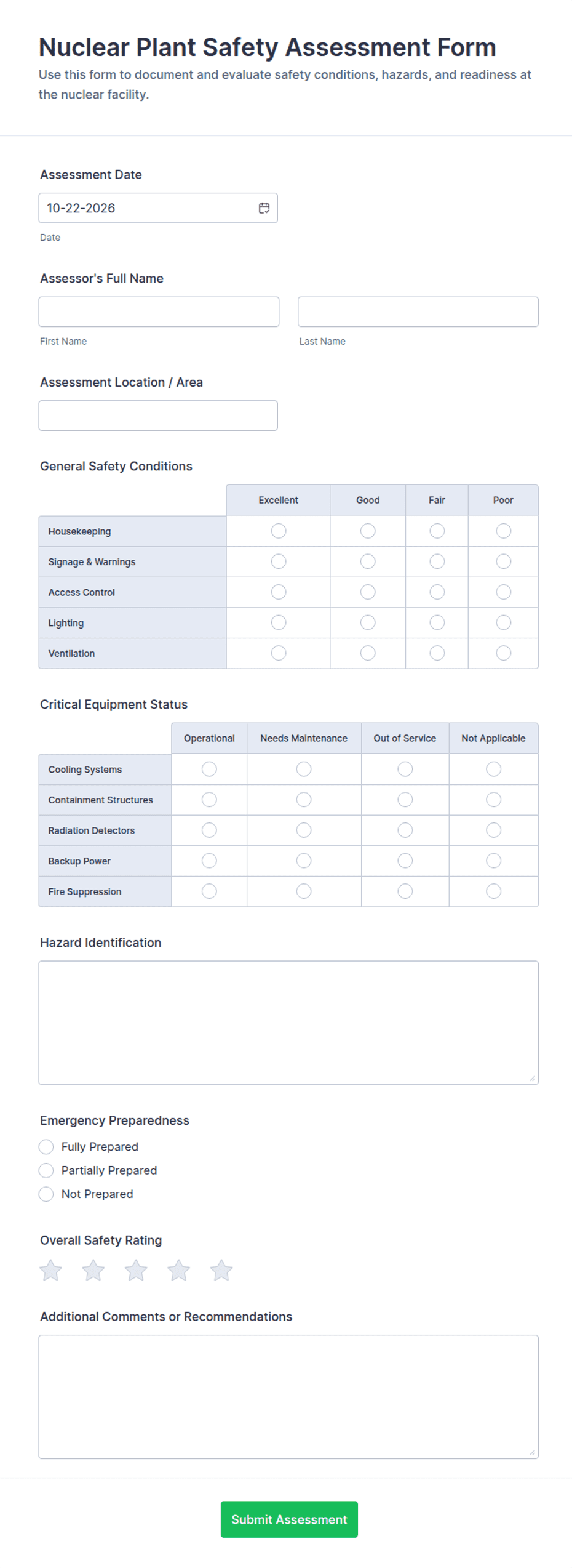 Nuclear Plant Safety Assessment Form Template | Jotform