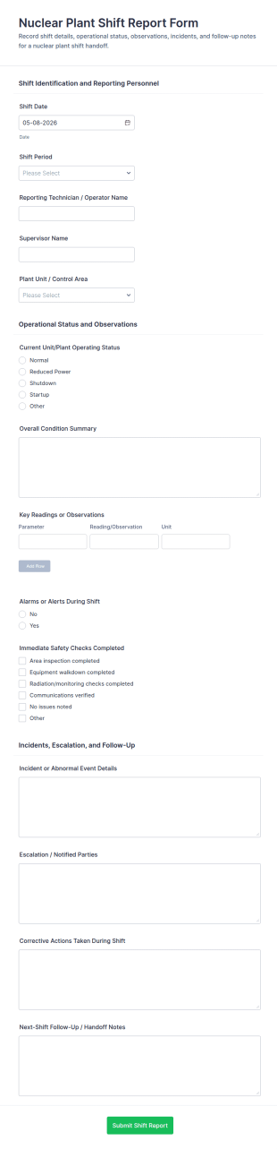 Nuclear Plant Shift Report Form Template