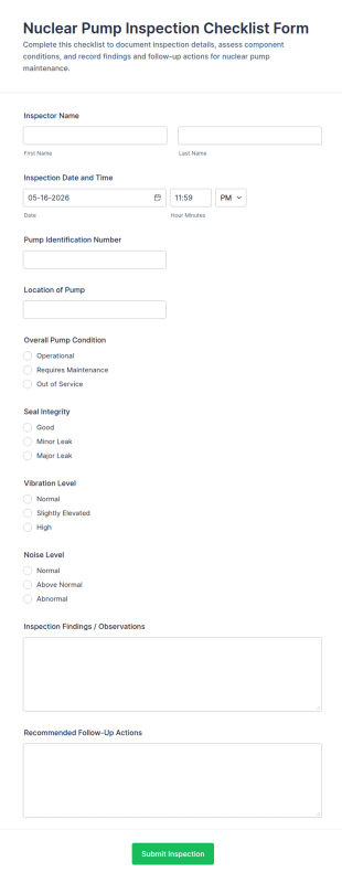 Nuclear Pump Inspection Checklist Form Template