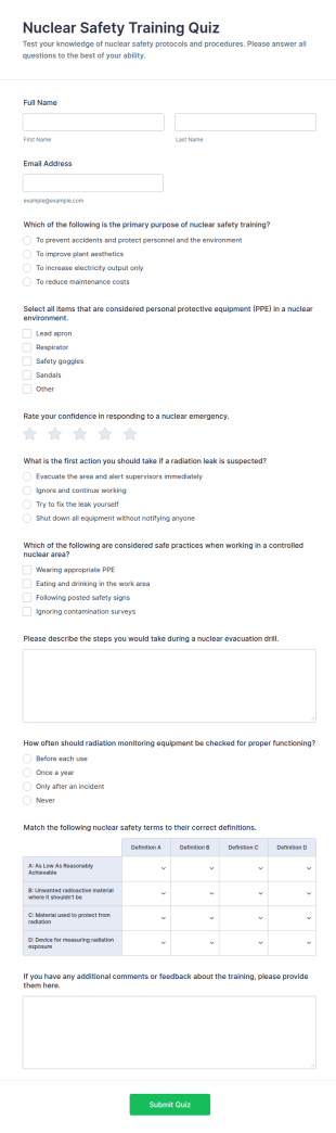 Nuclear Safety Training Quiz Form Template