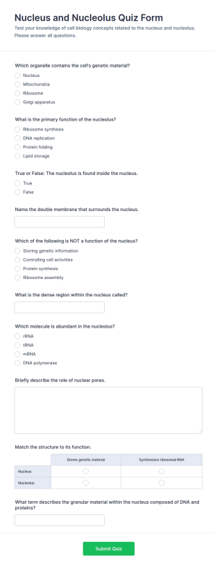 Nucleus And Nucleolus Quiz Form Template