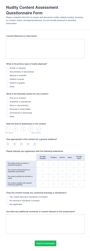 Nudity Content Assessment Questionnaire Form Template