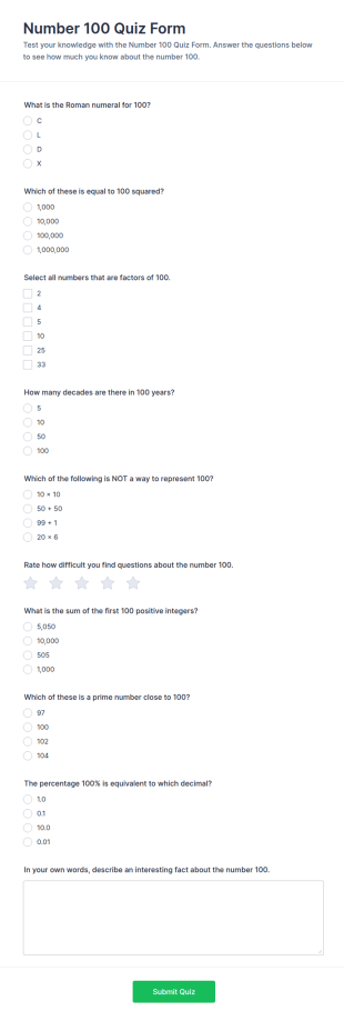 Number 100 Quiz Form Template