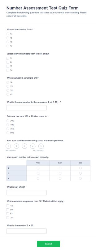 Number Assessment Test Quiz Form Template