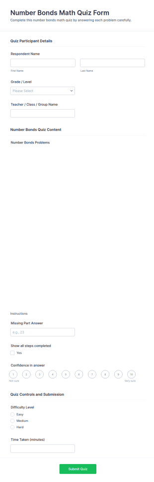 Number Bonds Math Quiz Form Template