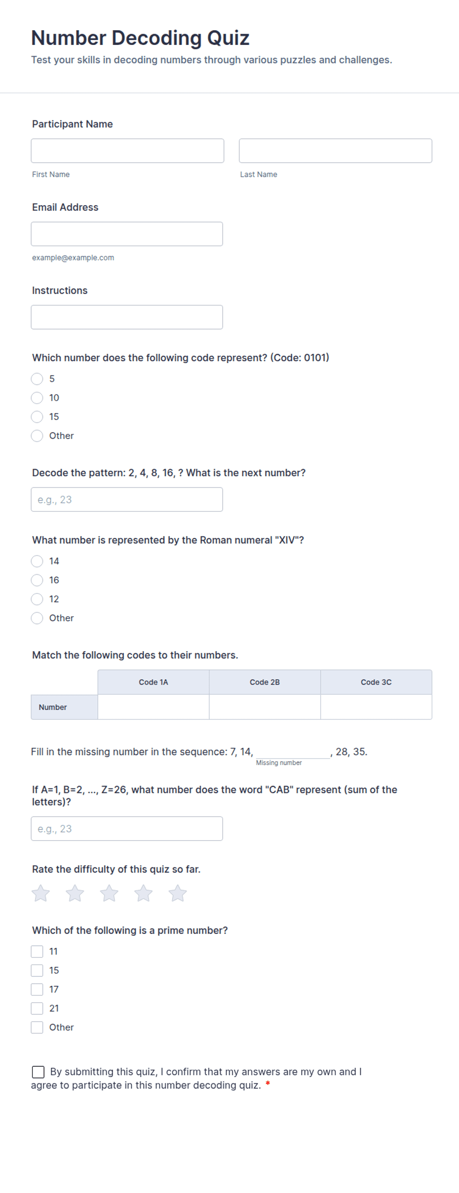 Number Decoding Quiz Form Template | Jotform