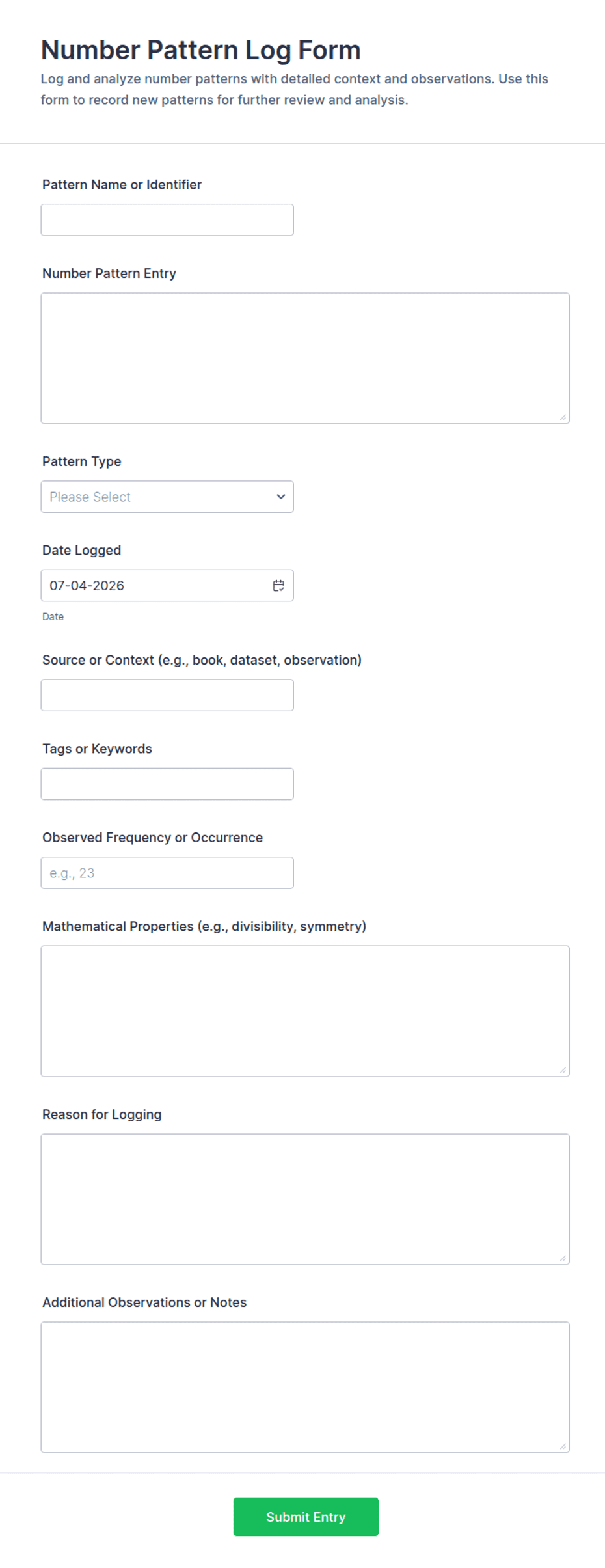 Number Pattern Log Form Template | Jotform