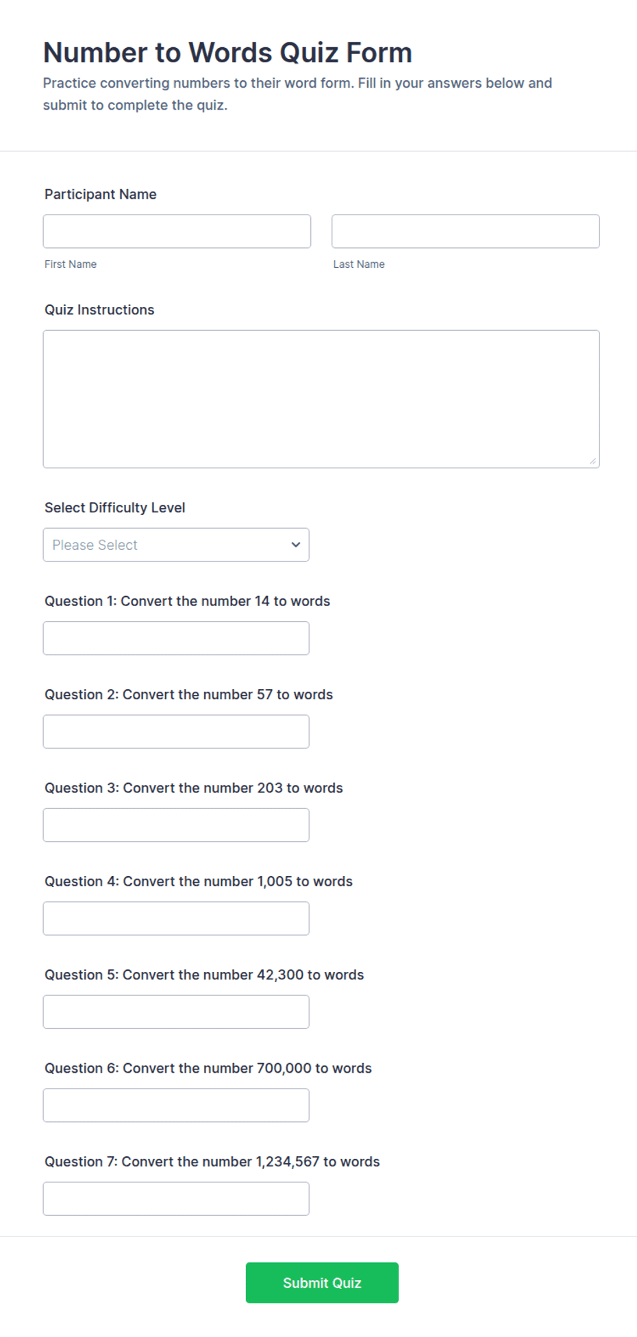 Number to Words Quiz Form Template | Jotform