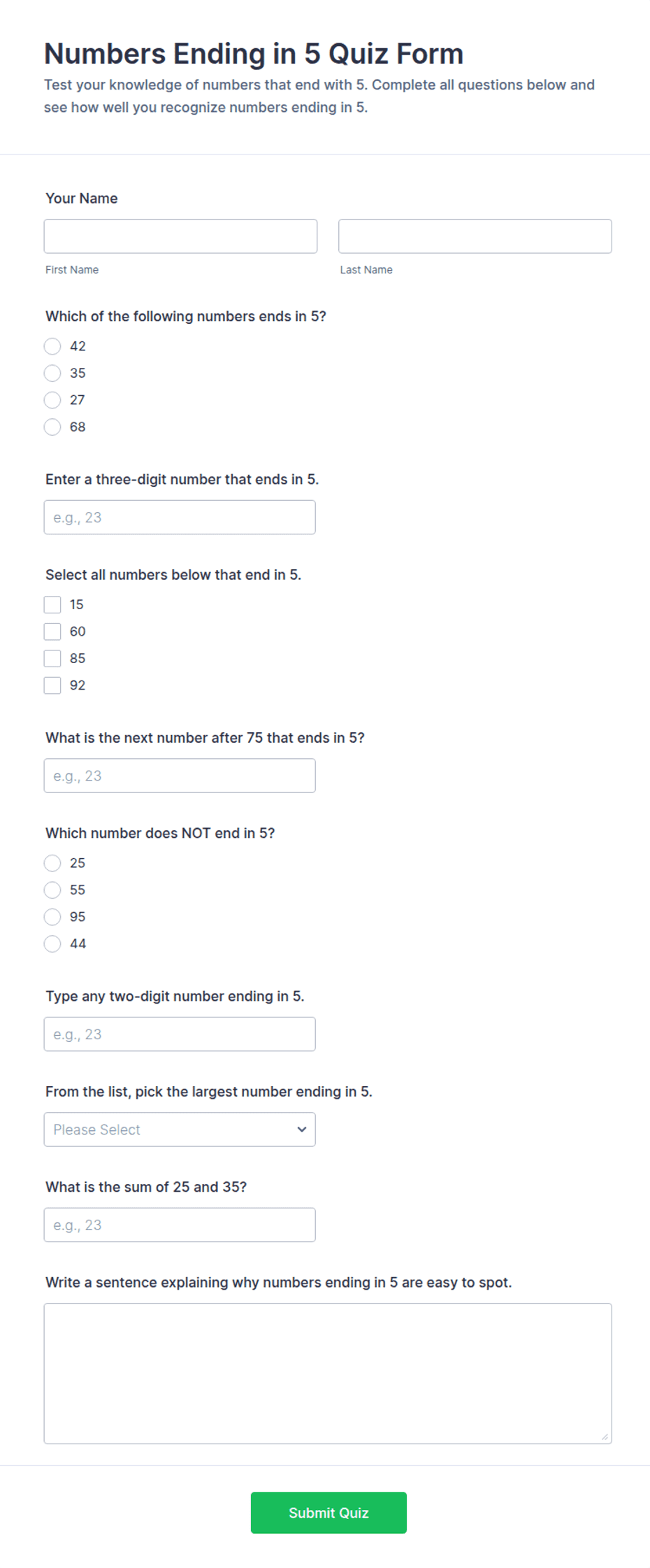 Numbers Ending in 5 Quiz Form Template | Jotform