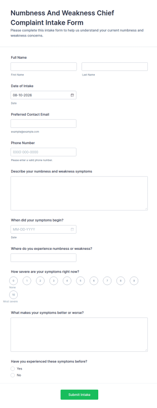 Numbness And Weakness Chief Complaint Intake Form Template