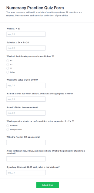 Numeracy Practice Quiz Form Template