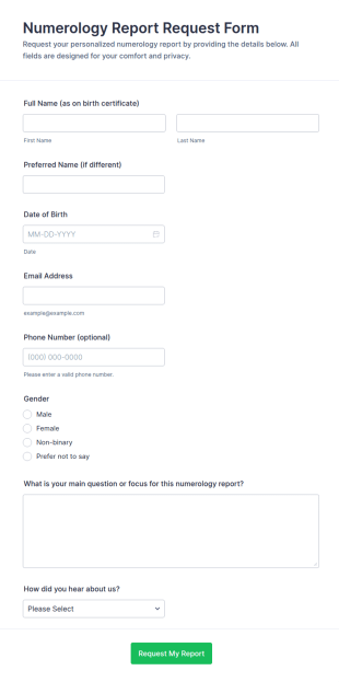 Numerology Report Request Form Template