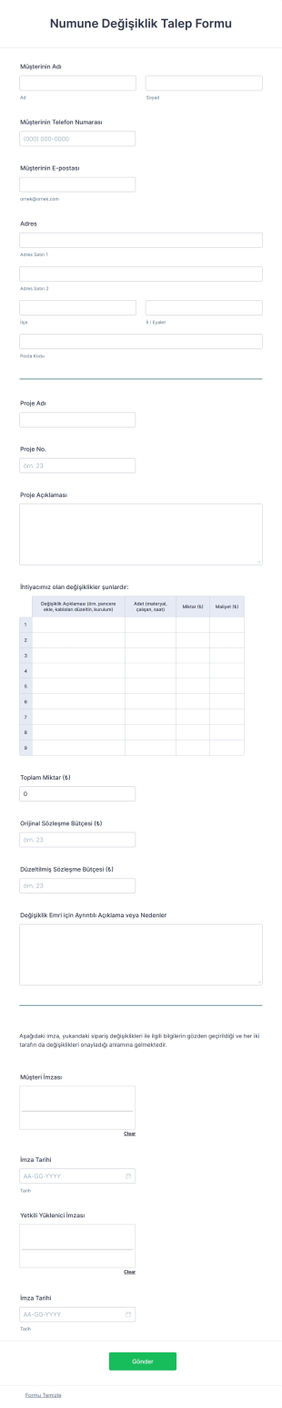 Numune Değişiklik Talep Form Şablonu