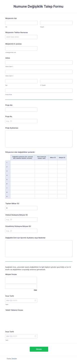 Numune Değişiklik Talep Form Şablonu