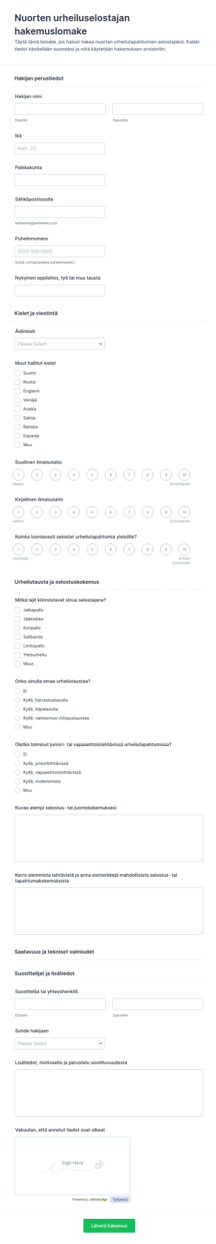 Nuorten Urheilukommentaattorin Hakemuslomake