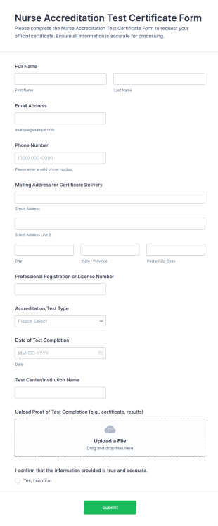 Nurse Accreditation Test Certificate Form Template