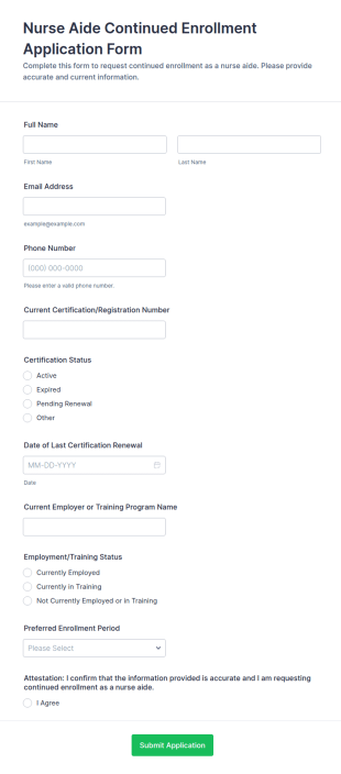 Nurse Aide Continued Enrollment Application Form Template