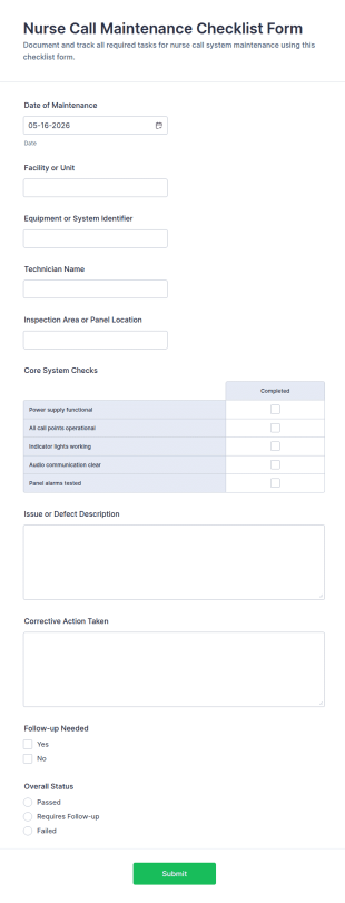 Nurse Call Maintenance Checklist Form Template
