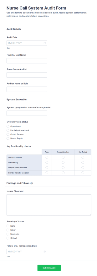 Nurse Call System Audit Form Template