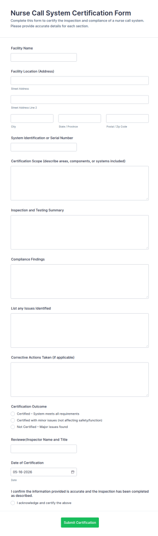 Nurse Call System Certification Form Template