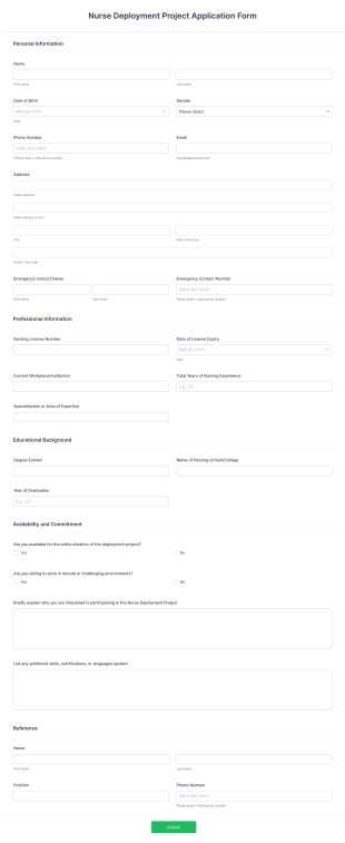 Nurse Deployment Project Application Form Form Template