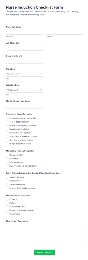 Nurse Induction Checklist Form Template