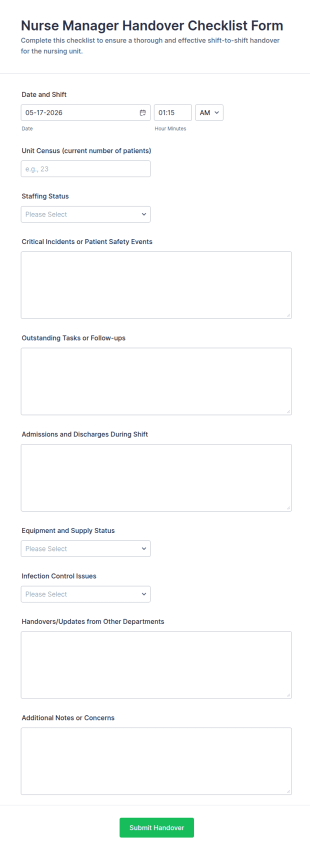 Nurse Manager Handover Checklist Form Template