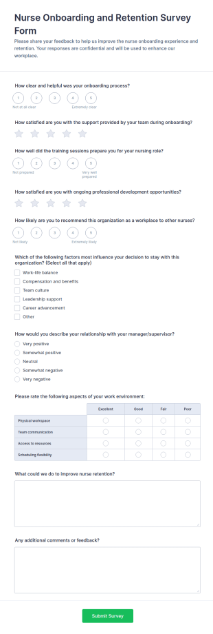Nurse Onboarding And Retention Survey Form Template