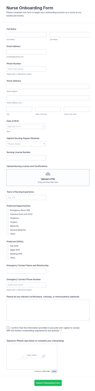 Nurse Onboarding Form Template
